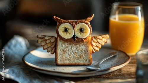 Creative Breakfast Art Featuring an Owl Made from Toast, Banana, and Chocolate Spread with a Glass of Orange Juice photo