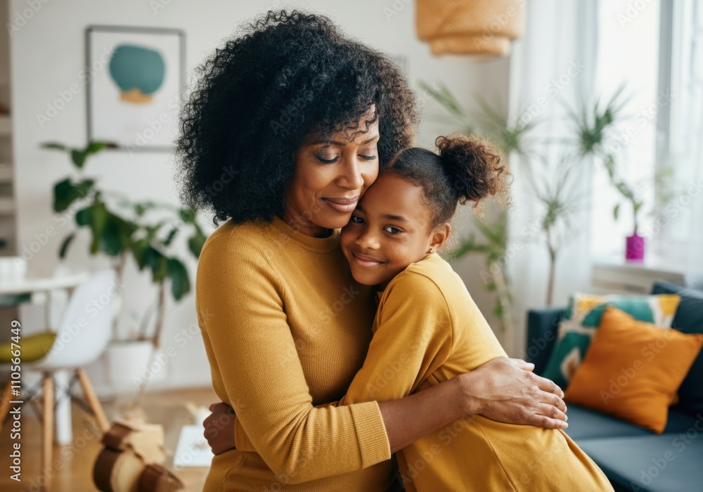 African female adult and young child embrace in cozy living room setting African female adult and young child embrace in cozy living room setting