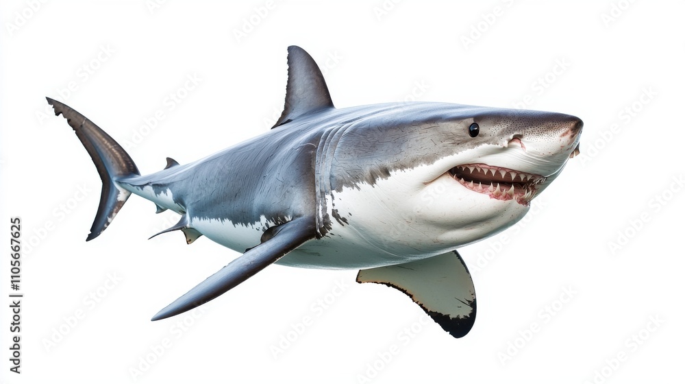 Fototapeta premium Ferocious Great White Shark Swimming in the Deep Blue Ocean