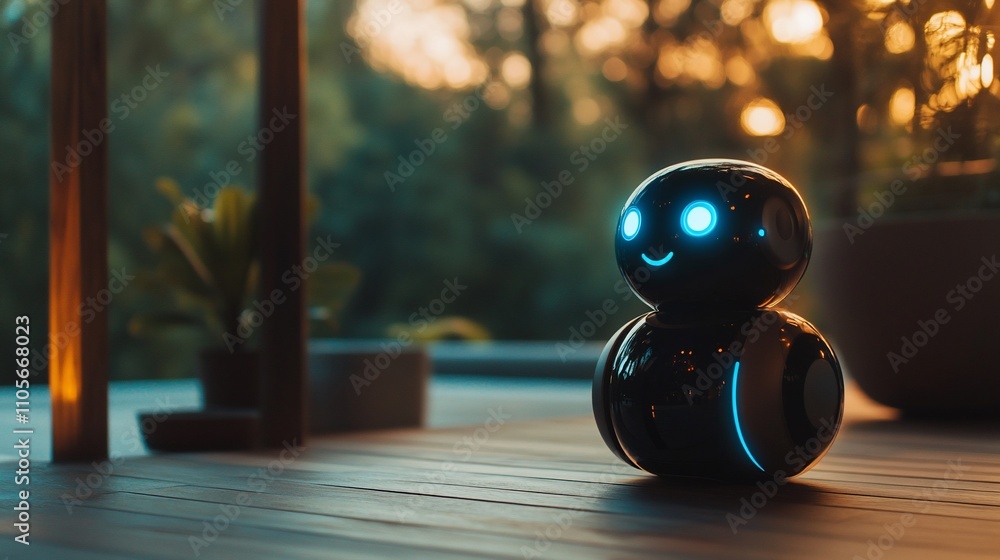 Cute, small, friendly robot on wooden floor at sunset. Cute, small, friendly robot on wooden floor at sunset.