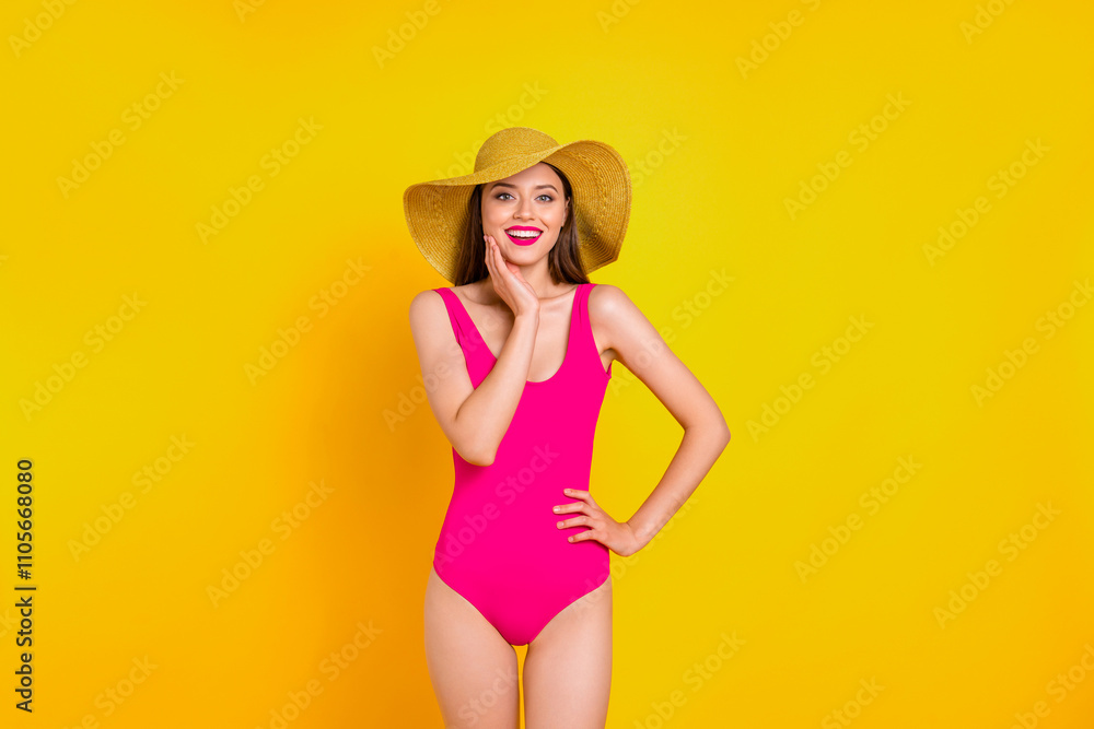 Traveler people person concept. Photo portrait of delightful funny funky fancy pretty attractive stunning girl wearing rosy bikini and straw cap isolated vivid background Traveler people person concept. Photo portrait of delightful funny funky fancy pretty attractive stunning girl wearing rosy bikini and straw cap isolated vivid background