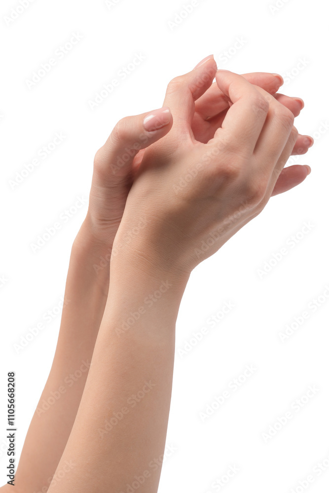 Woman hands with nude manicure isolated on a white background. Woman hands with nude manicure isolated on a white background.