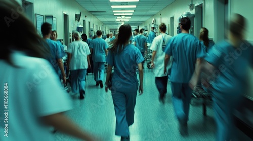 Busy Hospital Corridor: Doctors, Nurses & Patients in Motion