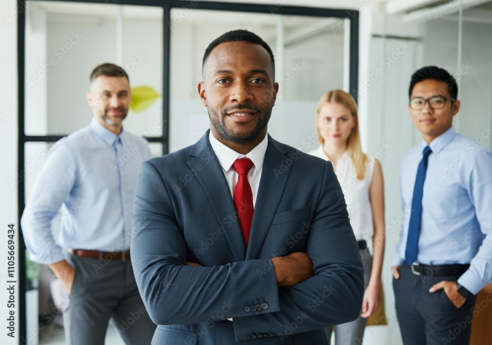 Diverse business team with confident african male leader in office setting Diverse business team with confident african male leader in office setting