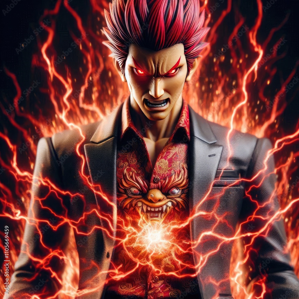 illustration angry yakuza with tattoo energy red aura, ai illustration angry yakuza with tattoo energy red aura, ai