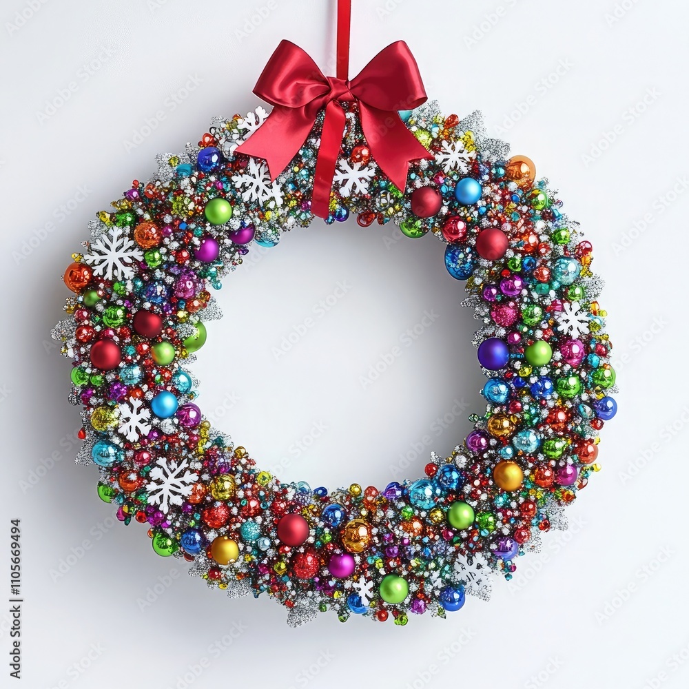 A wreath made of small, multicolored glass beads, hanging on the wall with snowflakes and colorful gems, is placed against a white background A wreath made of small, multicolored glass beads, hanging on the wall with snowflakes and colorful gems, is placed against a white background