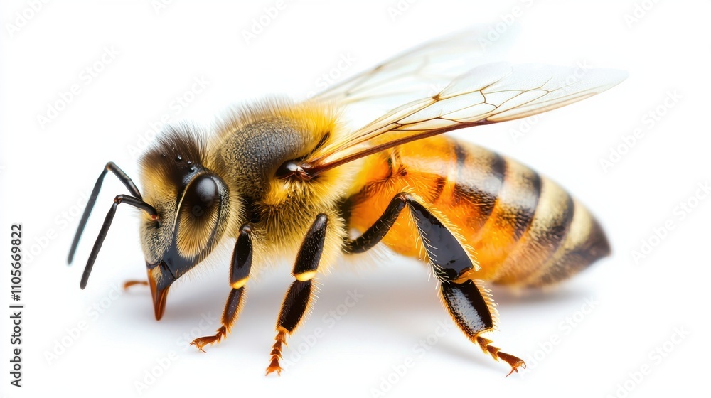 Close up Macro Shot of a Busy Honeybee Insect with Striped Body and Wings on a White Background Close up Macro Shot of a Busy Honeybee Insect with Striped Body and Wings on a White Background
