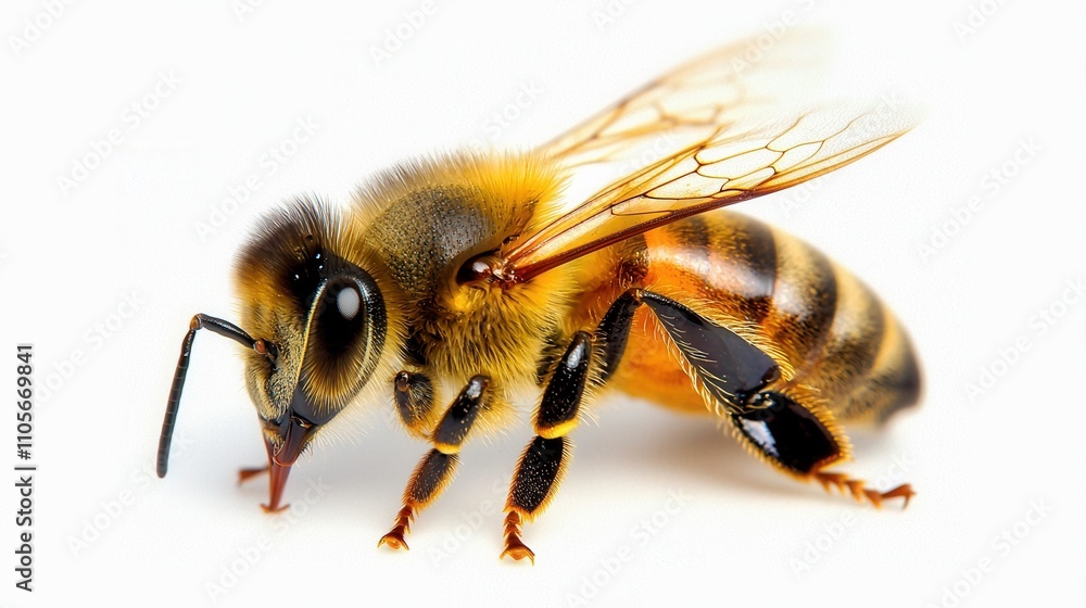 Close up Detailed Shot of a Busy Honey Bee Flying with Pollen Covered Body and Vibrant Striped Wings in Natural Environment Close up Detailed Shot of a Busy Honey Bee Flying with Pollen Covered Body and Vibrant Striped Wings in Natural Environment