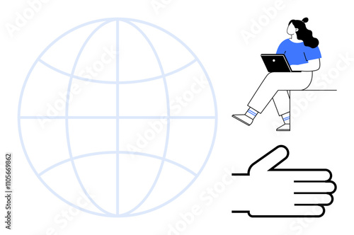 Global grid network, woman working on a laptop, supportive hand illustration. Ideal for remote work, global collaboration, digital communication, online support, technology, teamwork, educational