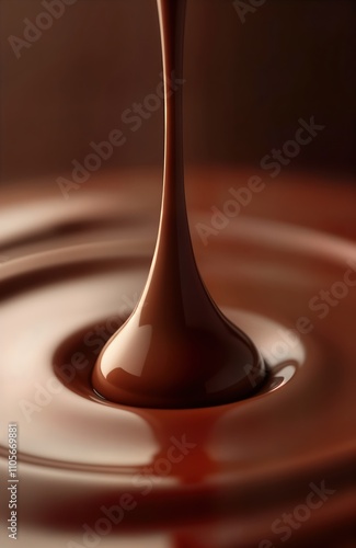 Melted chocolate drips, swirls creating smooth texture. Close-up view shows rich dark liquid chocolate in motion. Fluid movement, glossy surface. Culinary food detail. Sweet treat ingredient.