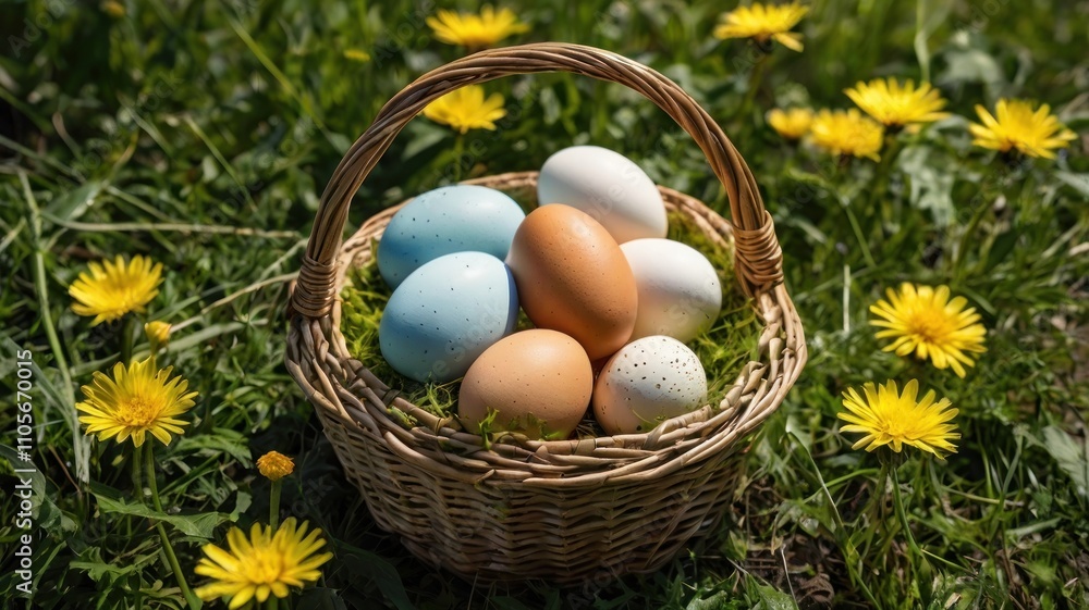 Colorful eggs in a wicker basket surrounded by dandelions. Colorful eggs in a wicker basket surrounded by dandelions.