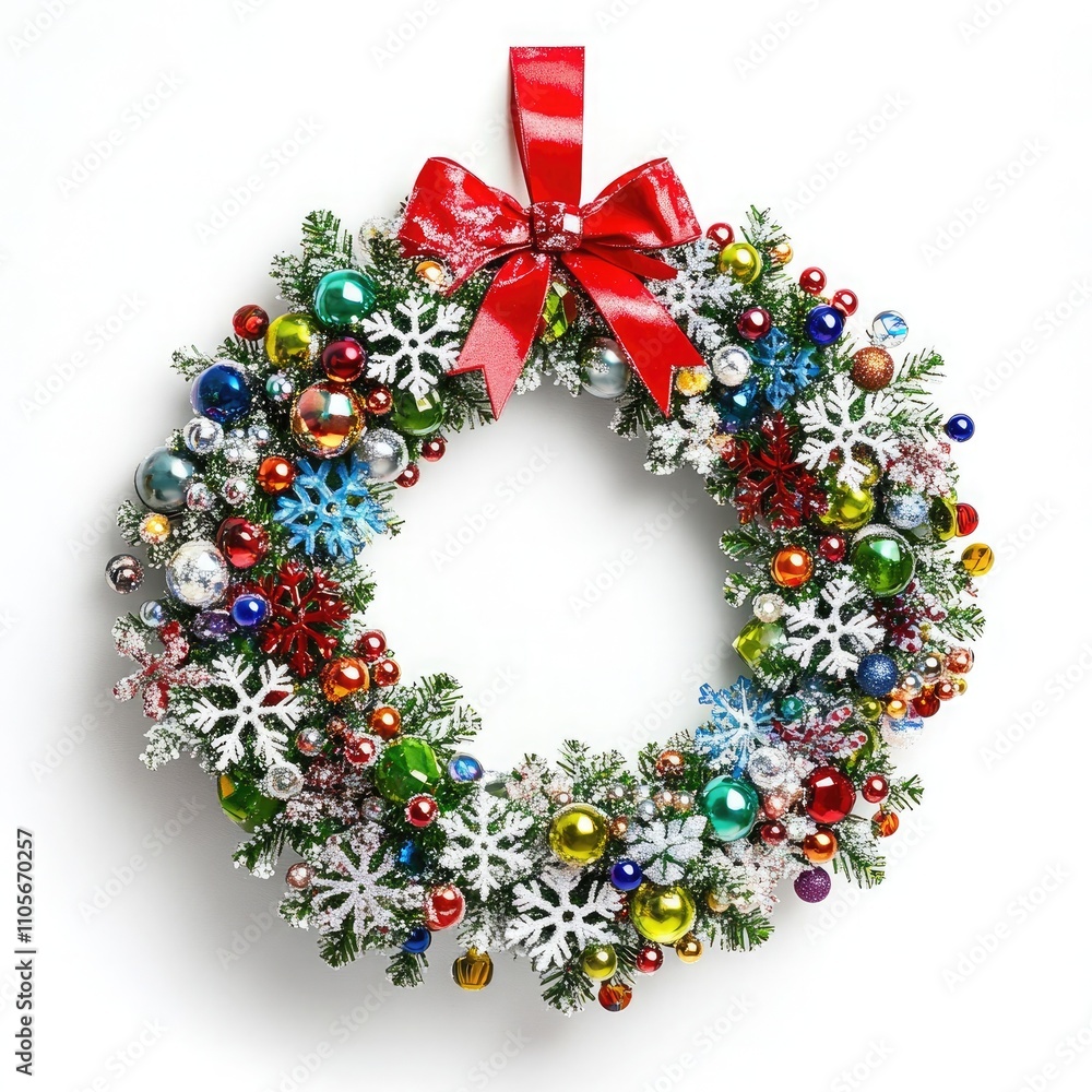 A wreath made of small, multicolored glass beads, hanging on the wall with snowflakes and colorful gems, is placed against a white background A wreath made of small, multicolored glass beads, hanging on the wall with snowflakes and colorful gems, is placed against a white background