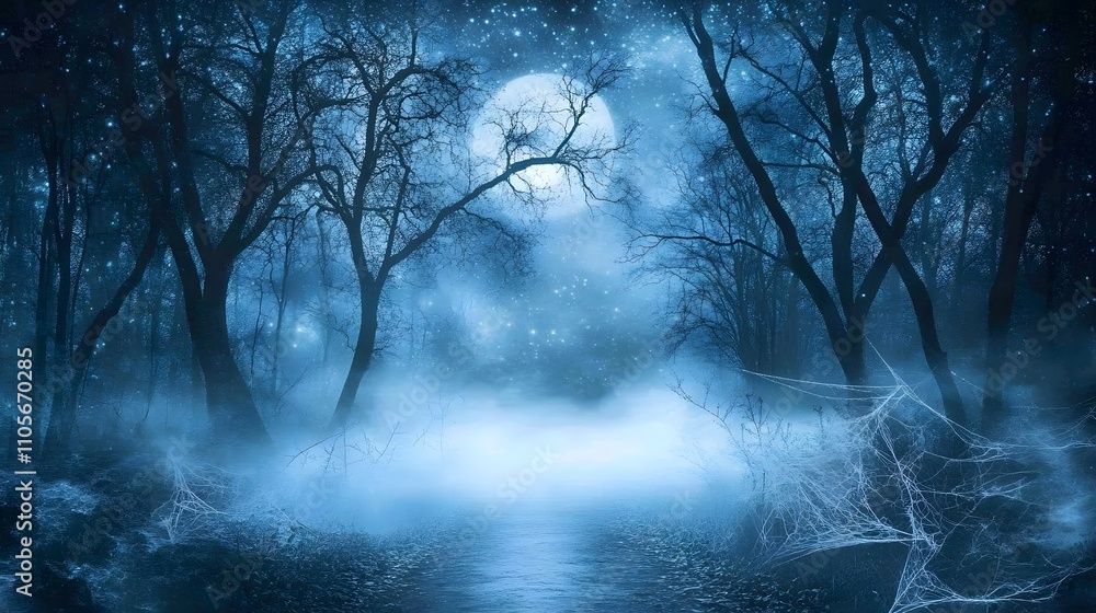 Obraz premium Mystical Blue Forest Night Moonlit Scene