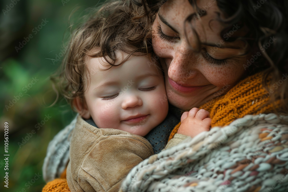Obraz premium A smiling woman is holding a sleeping baby. Portrait of a happy mother with a European appearance, holding a sleeping child in her arms