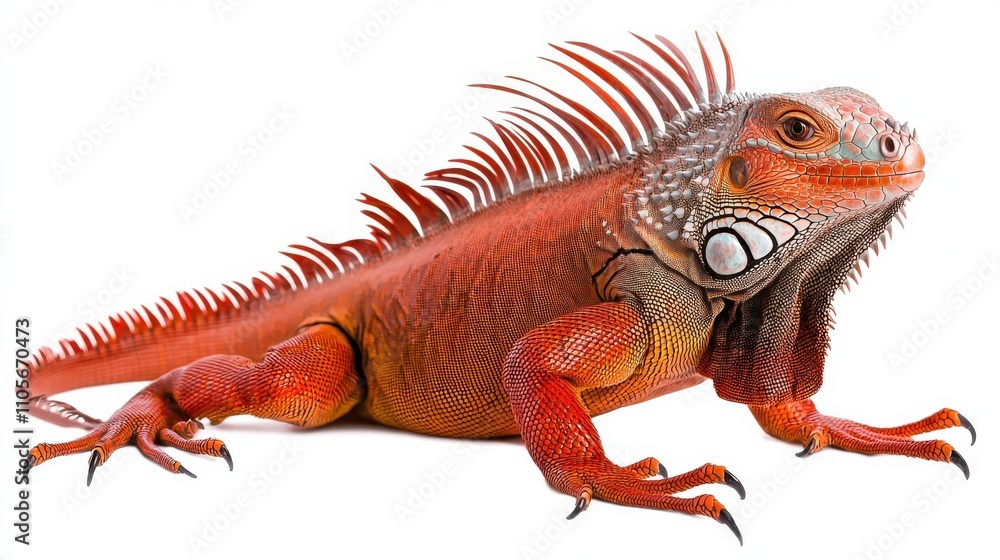 Obraz premium Vibrant Red Scaled Iguana Reptile With Sharp Claws In Close Up Portrait On White Background