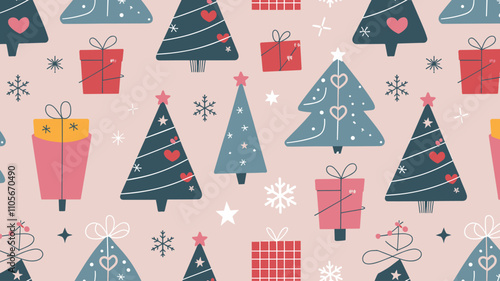 Seamless festive holiday background pattern with colorful Christmas ornaments