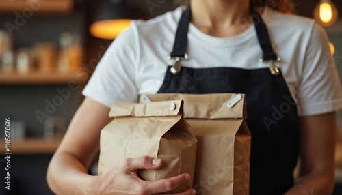 Barista Holding Freshly Packed Coffee Bags in Modern Cafe