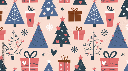 Seamless festive holiday background pattern with colorful Christmas ornaments