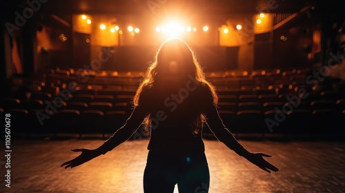 Actor rehearsing lines on stage in a dimly lit theater