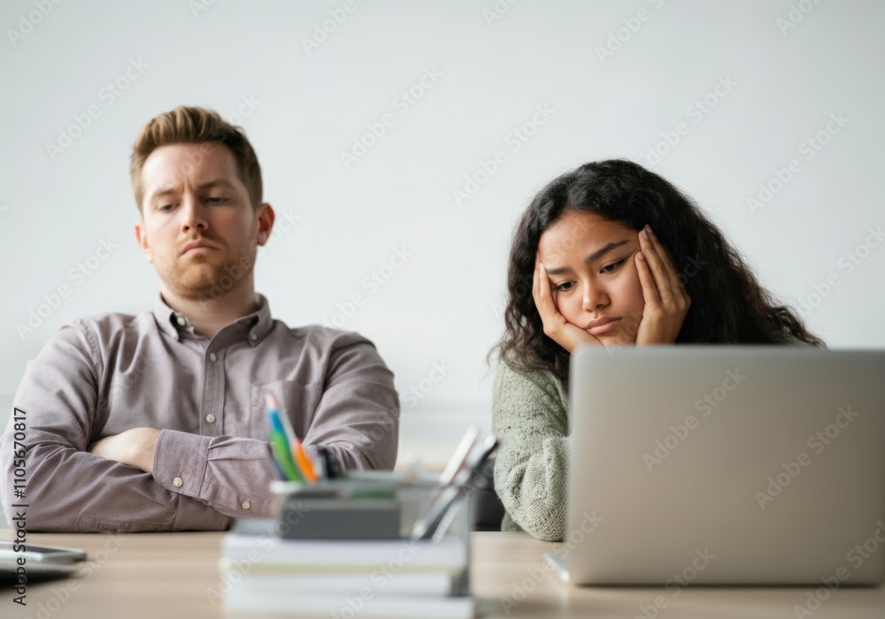 Caucasian male and hispanic female adults frustrated at work with laptop