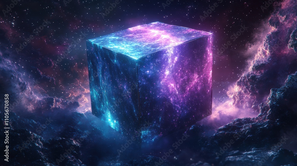 Futuristic Cosmic Cube Floating in Space with Vibrant Nebula and Stars in a Mystical Galactic Environment Futuristic Cosmic Cube Floating in Space with Vibrant Nebula and Stars in a Mystical Galactic Environment