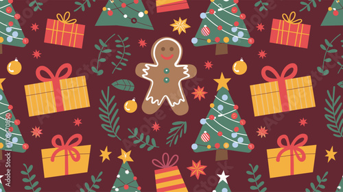 Seamless festive holiday background pattern with colorful Christmas ornaments