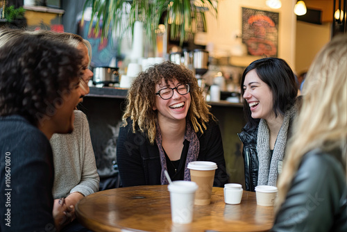 Group of diverse friends at a coffee shop, chatting and laughing