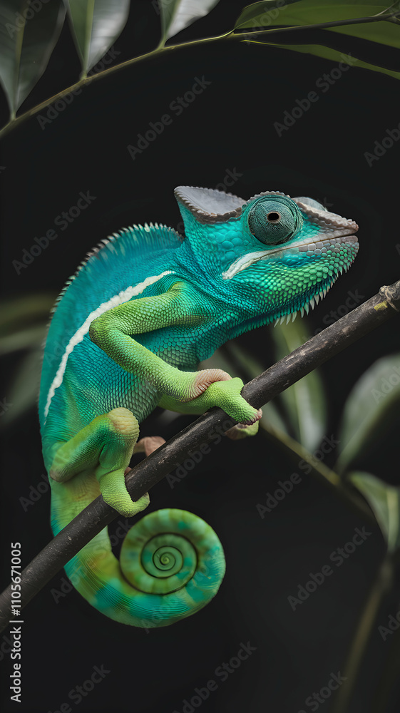 Fototapeta premium Green chameleon clings to branch, its colorful features contrast with dark background Vertical Mobile Wallpaper