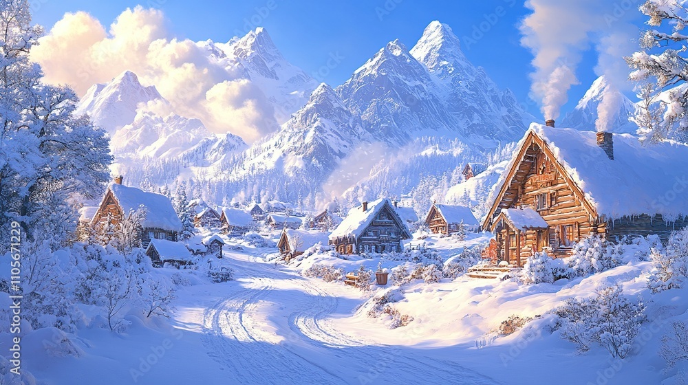 A serene winter village nestled among snow-covered mountains under a clear blue sky. A serene winter village nestled among snow-covered mountains under a clear blue sky.