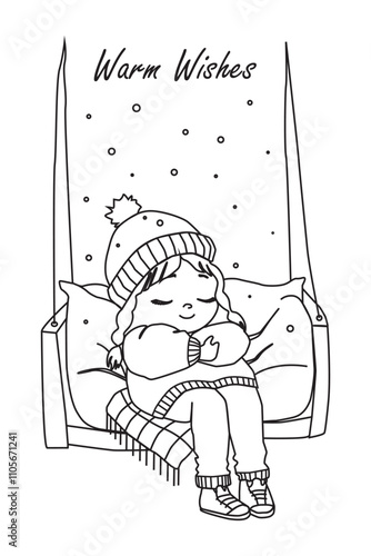 Cute girl on a swing in winter. Winter cartoon girl in lines. Winter coloring book for kids. Outline vector illustration
