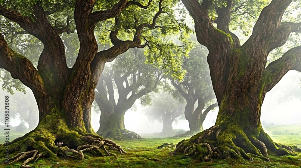 Fototapeta premium Enchanting Misty Forest with Twisted Ancient Trees and Lush Moss Covered Roots