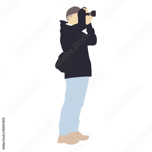 Landscape photographer with camera without tripod vector silhouette. Paparazzi shooting on the event illustration isolated. Photo reporter on duty. Journalist work for breaking news
