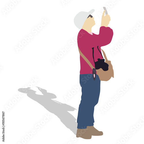 Landscape photographer with camera without tripod vector silhouette. Paparazzi shooting on the event illustration isolated. Photo reporter on duty. Journalist work for breaking news