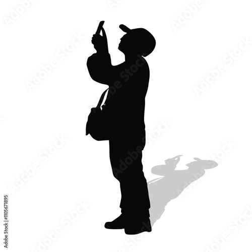 Landscape photographer with camera without tripod vector silhouette. Paparazzi shooting on the event illustration isolated. Photo reporter on duty. Journalist work for breaking news