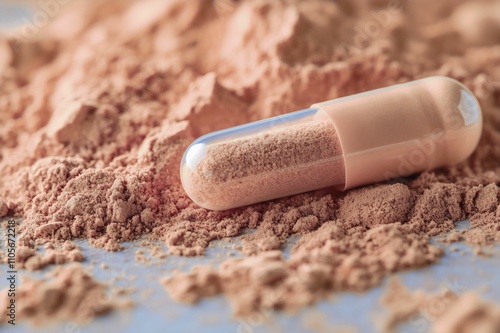 Close-Up View of a Transparent Capsule Filled with Fine Powder on a Soft Blue Surface, Evoking Health and Wellness Themes in Natural Medicine Context