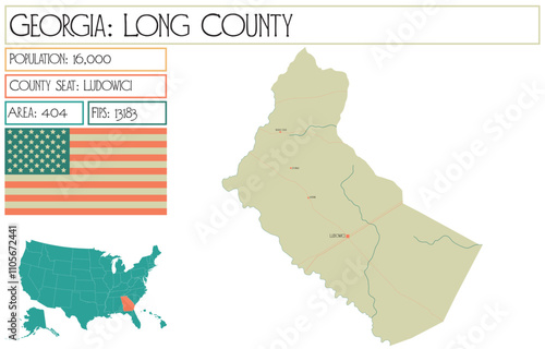Large and detailed map of Long County in Georgia USA.