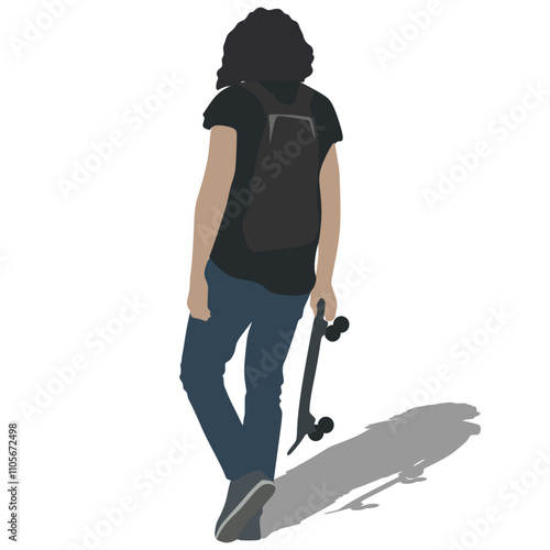 Young skater with long hair and a backpack on his back carries a skate in his hand