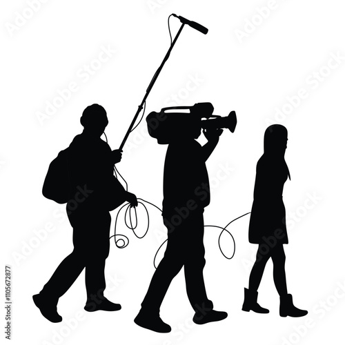 Journalist News Reporter Interview with camera crew vector silhouette illustration isolated on white background. TV Crew