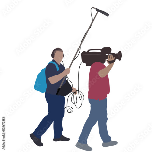 Journalist News Reporter Interview with camera crew vector silhouette illustration isolated on white background. TV Crew