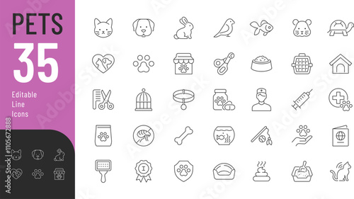 Pets Line Editable Icons set. Vector illustration in modern thin line style of domestic animals related icons: care, veterinary, accessories, and more. Pictograms and infographics for mobile apps