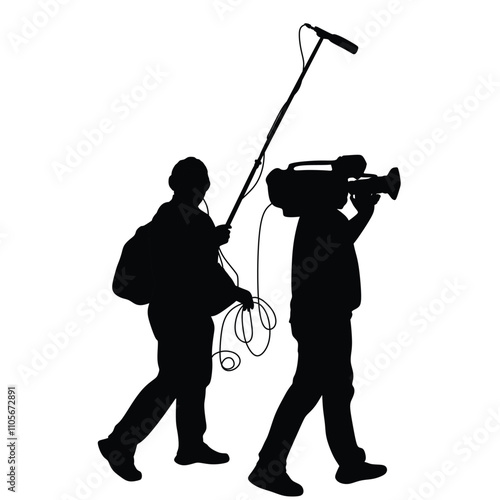 Journalist News Reporter Interview with camera crew vector silhouette illustration isolated on white background. TV Crew