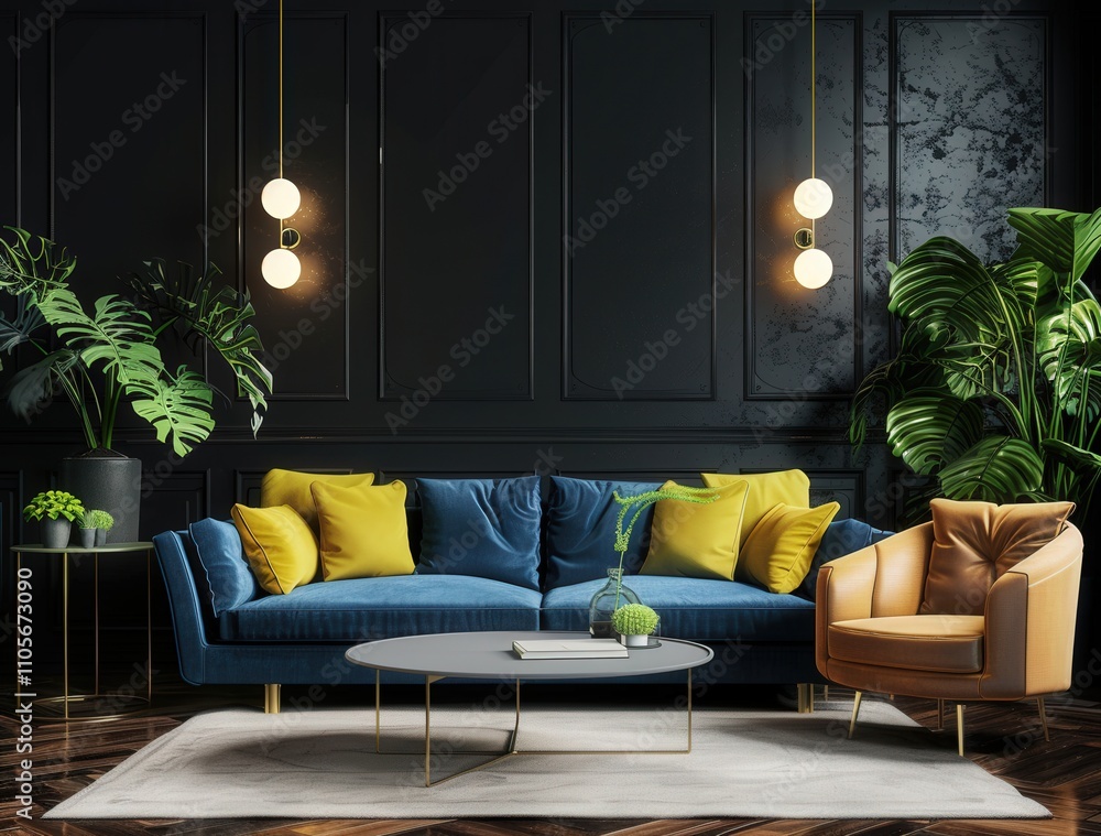 A modern living room with a blue velvet sofa. yellow pillows. and a coffee table A modern living room with a blue velvet sofa. yellow pillows. and a coffee table