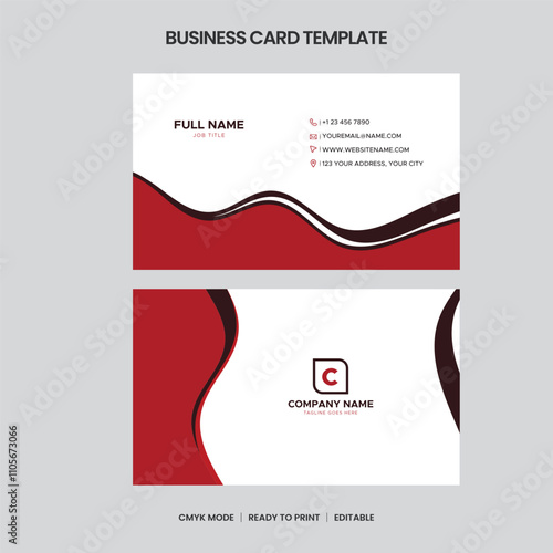 Modern business card template. Red and black color scheme, wavy design, editable and printready. Includes contact details and logo space.