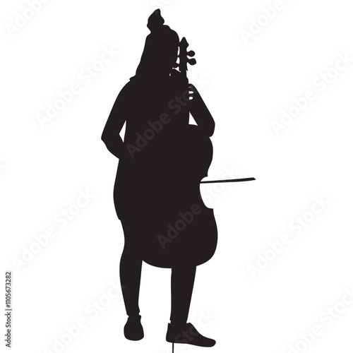 Young girs  contrabass silhouette playing a violin and contrabass over white background vector.