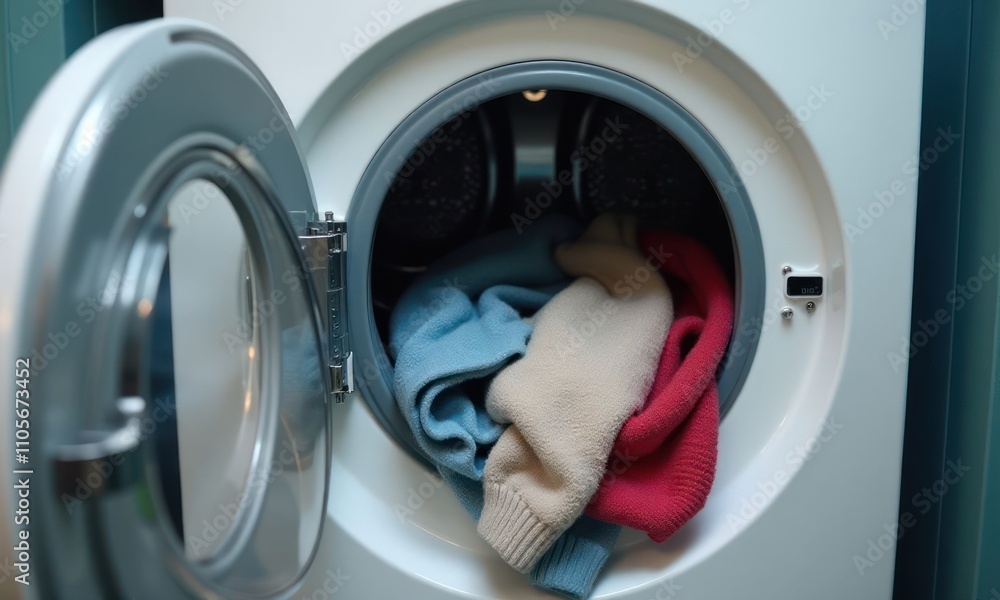 White washing machine with open door with clean clothes and linen White washing machine with open door with clean clothes and linen