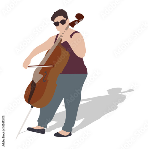 Young girs  contrabass silhouette playing a violin and contrabass over white background vector.