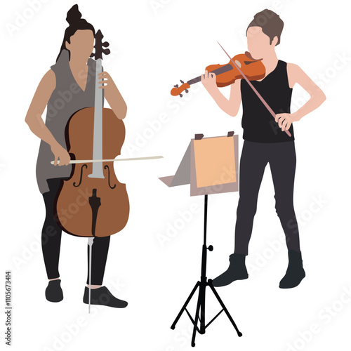 Young girs violinist and contrabass silhouette playing a violin and contrabass over white background vector.