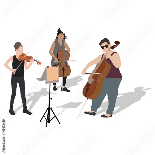 Young girs violinist and contrabass silhouette playing a violin and contrabass over white background vector.