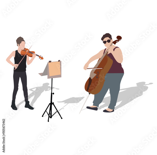 Young girs violinist and contrabass silhouette playing a violin and contrabass over white background vector.