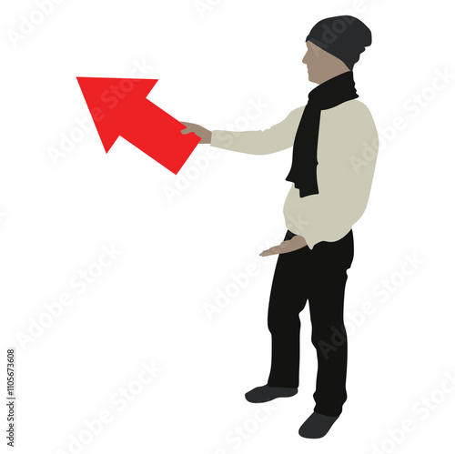 Silhouette of a man with a hat and a scarf holding a red arrow pointing up